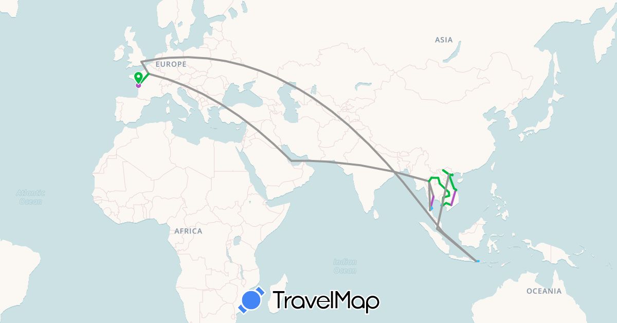 TravelMap itinerary: driving, bus, plane, train, boat in France, United Kingdom, Indonesia, Cambodia, Laos, Malaysia, Qatar, Singapore, Thailand, Vietnam (Asia, Europe)